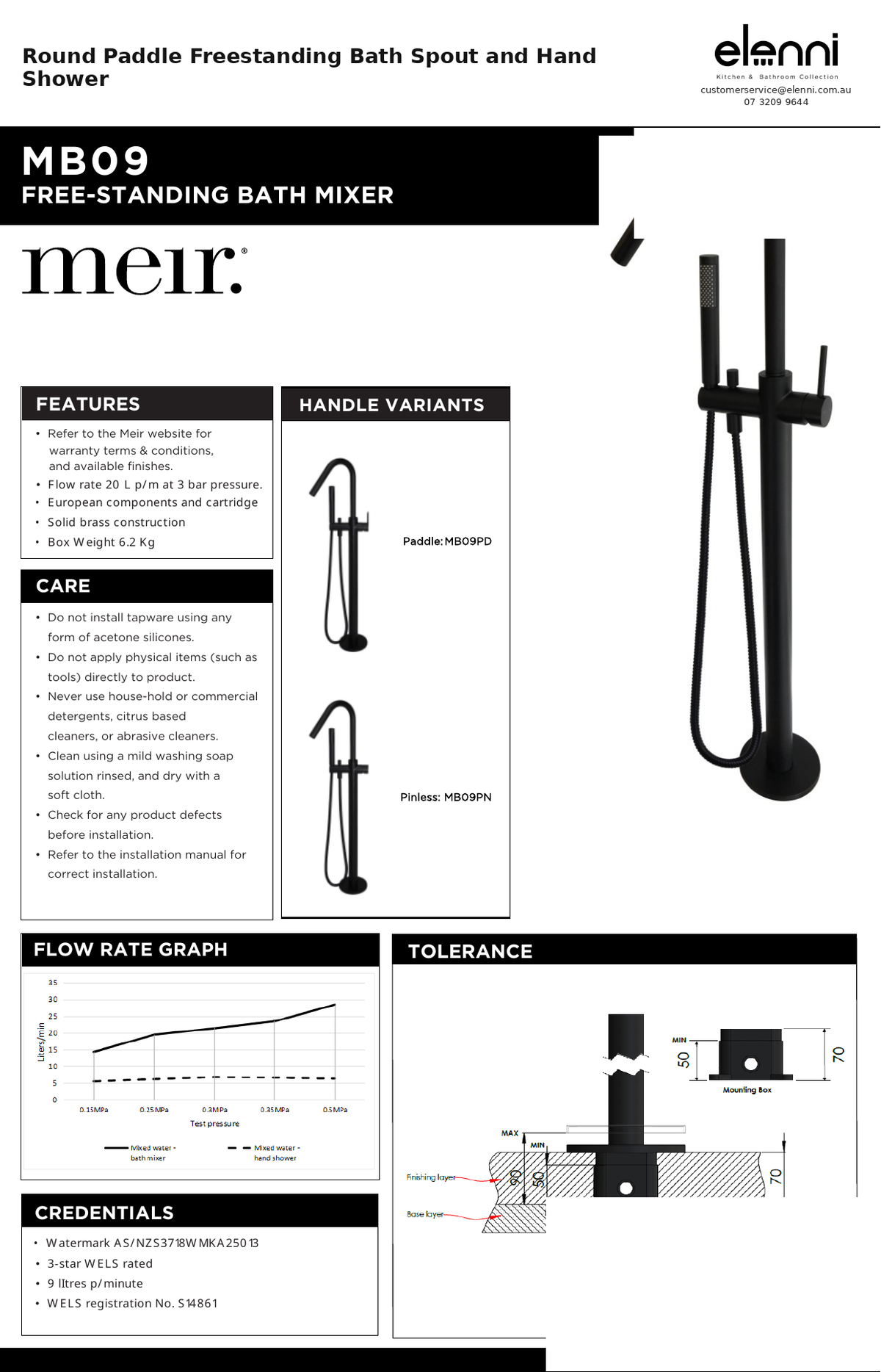 Round Paddle Freestanding Bath Spout and Hand Shower — specification sheet (Elenni)