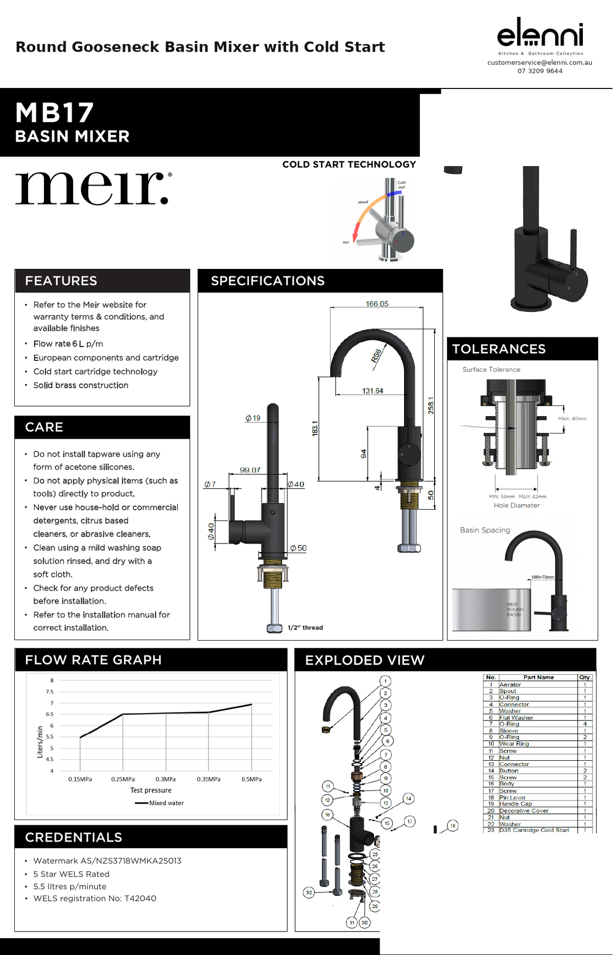 Round Gooseneck Basin Mixer with Cold Start — specification sheet (Elenni)
