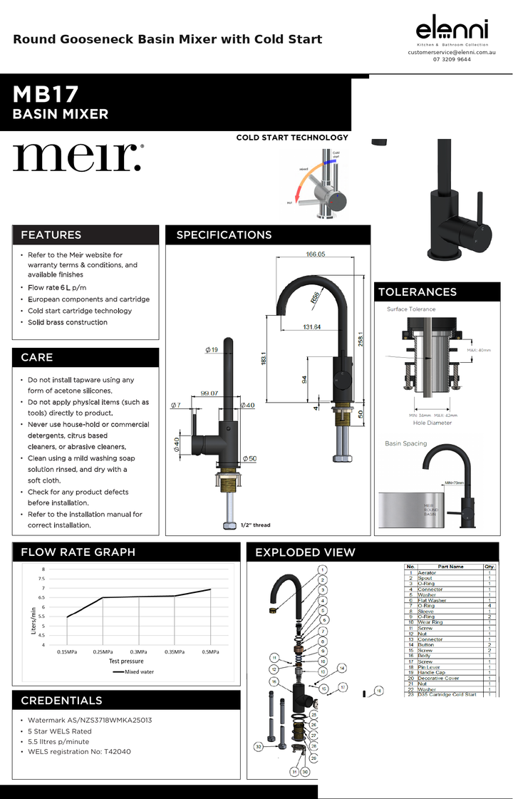 Round Gooseneck Basin Mixer with Cold Start — specification sheet (Elenni)
