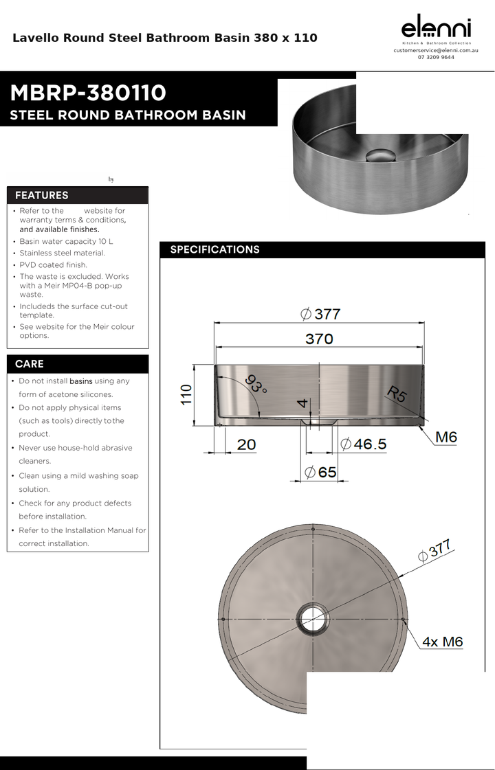 Lavello Round Steel Bathroom Basin 380 x 110 — specification sheet (Elenni)