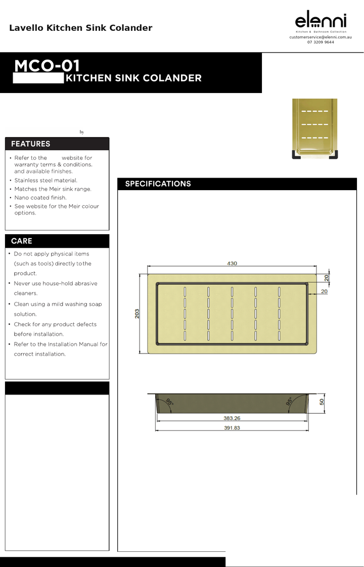 Lavello Kitchen Sink Colander — specification sheet (Elenni)