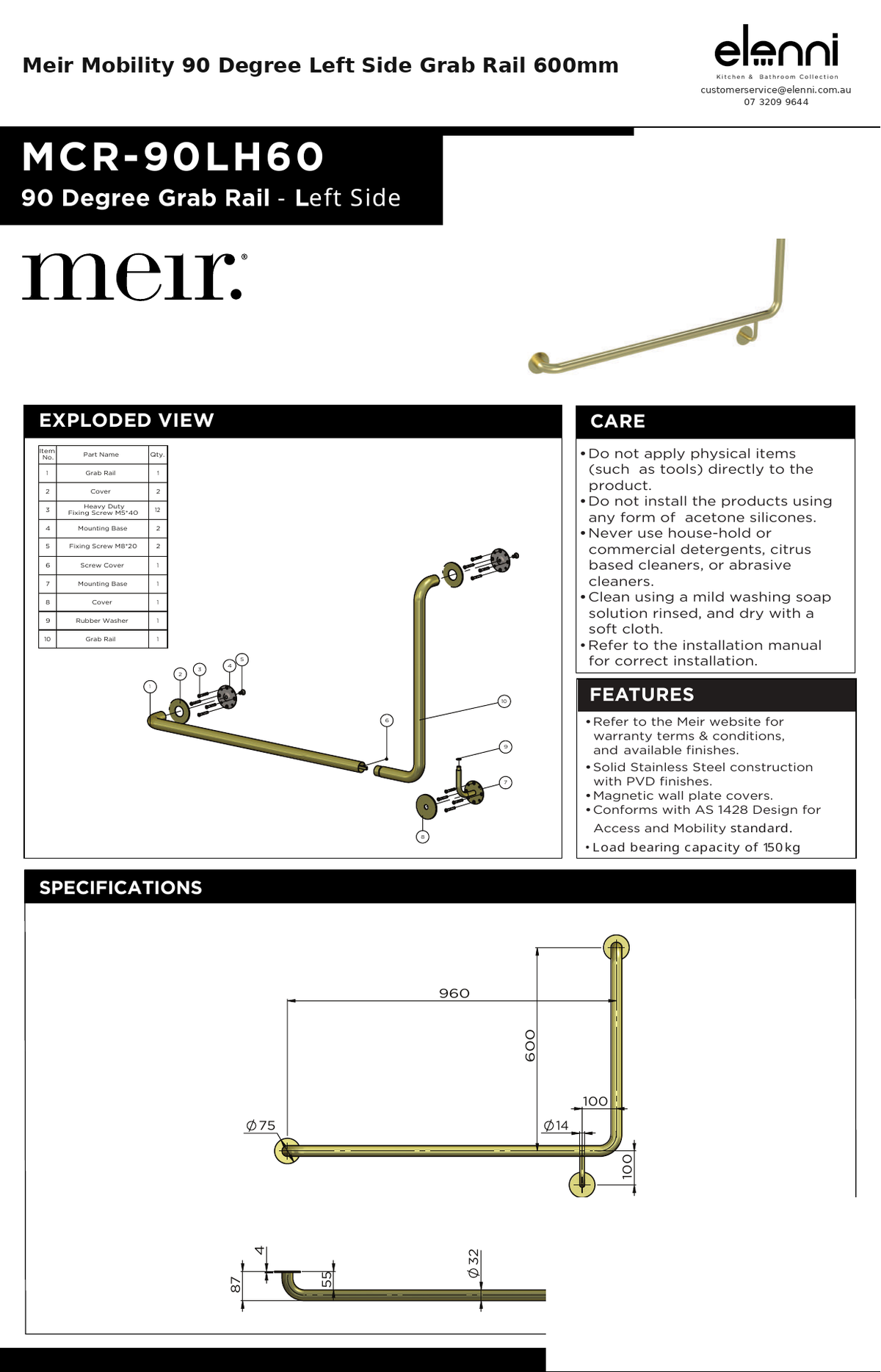 Meir Mobility 90 Degree Left Side Grab Rail 600mm — specification sheet (Elenni)