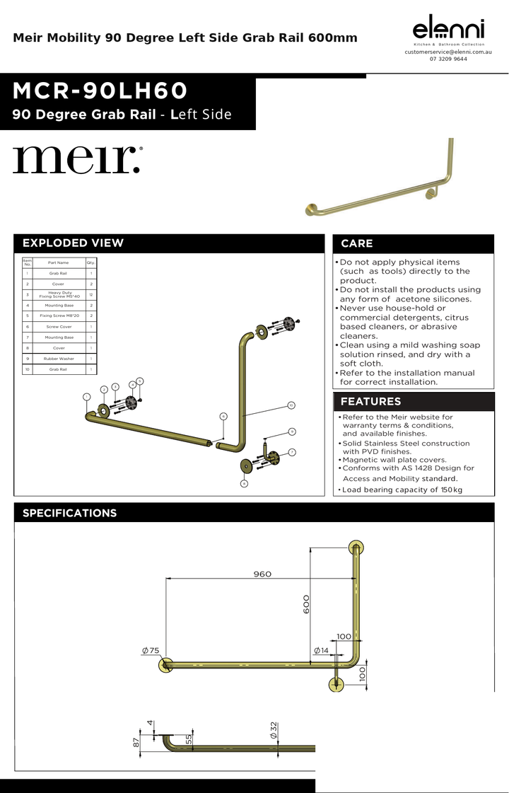 Meir Mobility 90 Degree Left Side Grab Rail 600mm — specification sheet (Elenni)