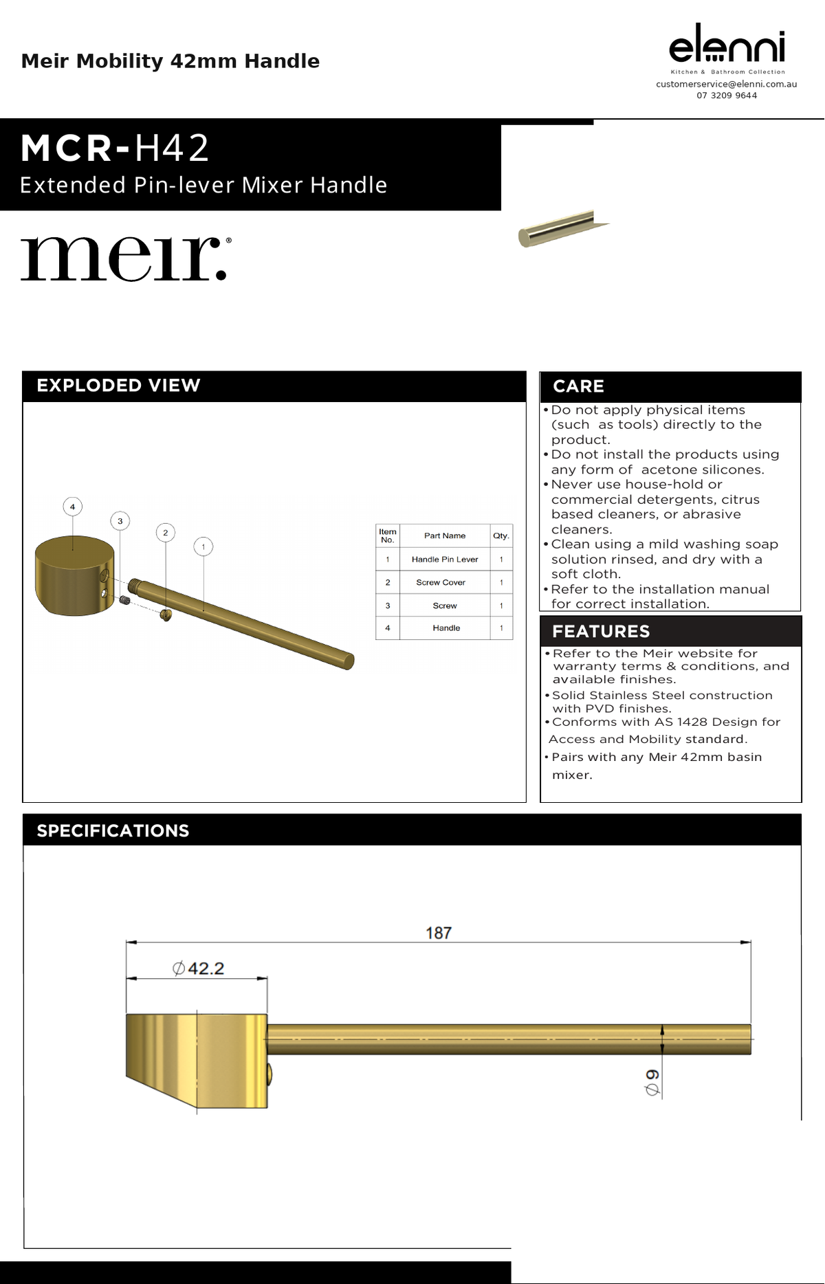 Meir Mobility 42mm Handle — specification sheet (Elenni)