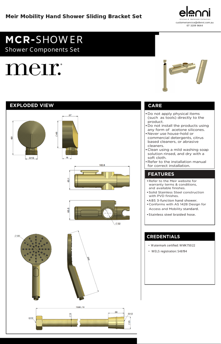 Meir Mobility Hand Shower Sliding Bracket Set — specification sheet (Elenni)