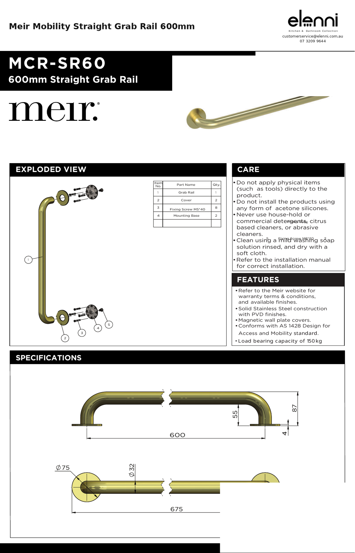 Meir Mobility Straight Grab Rail 600mm — specification sheet (Elenni)