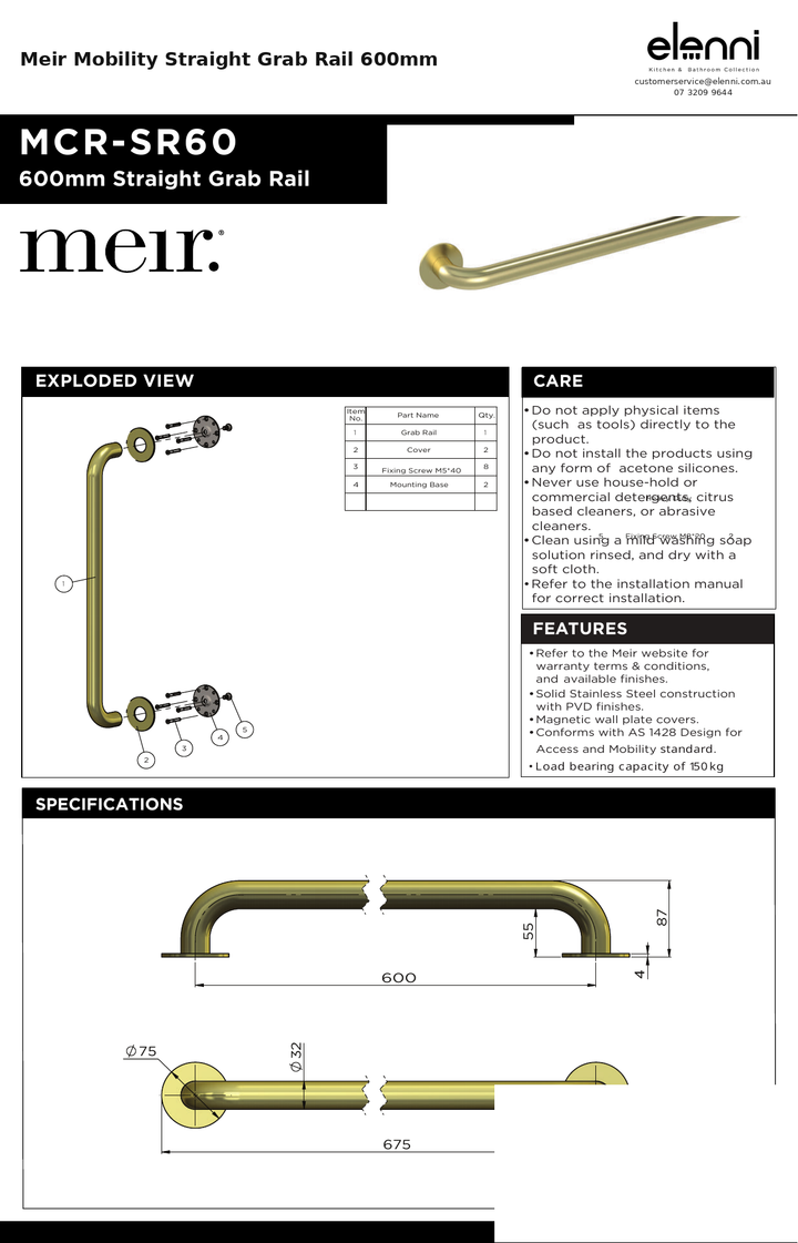 Meir Mobility Straight Grab Rail 600mm — specification sheet (Elenni)