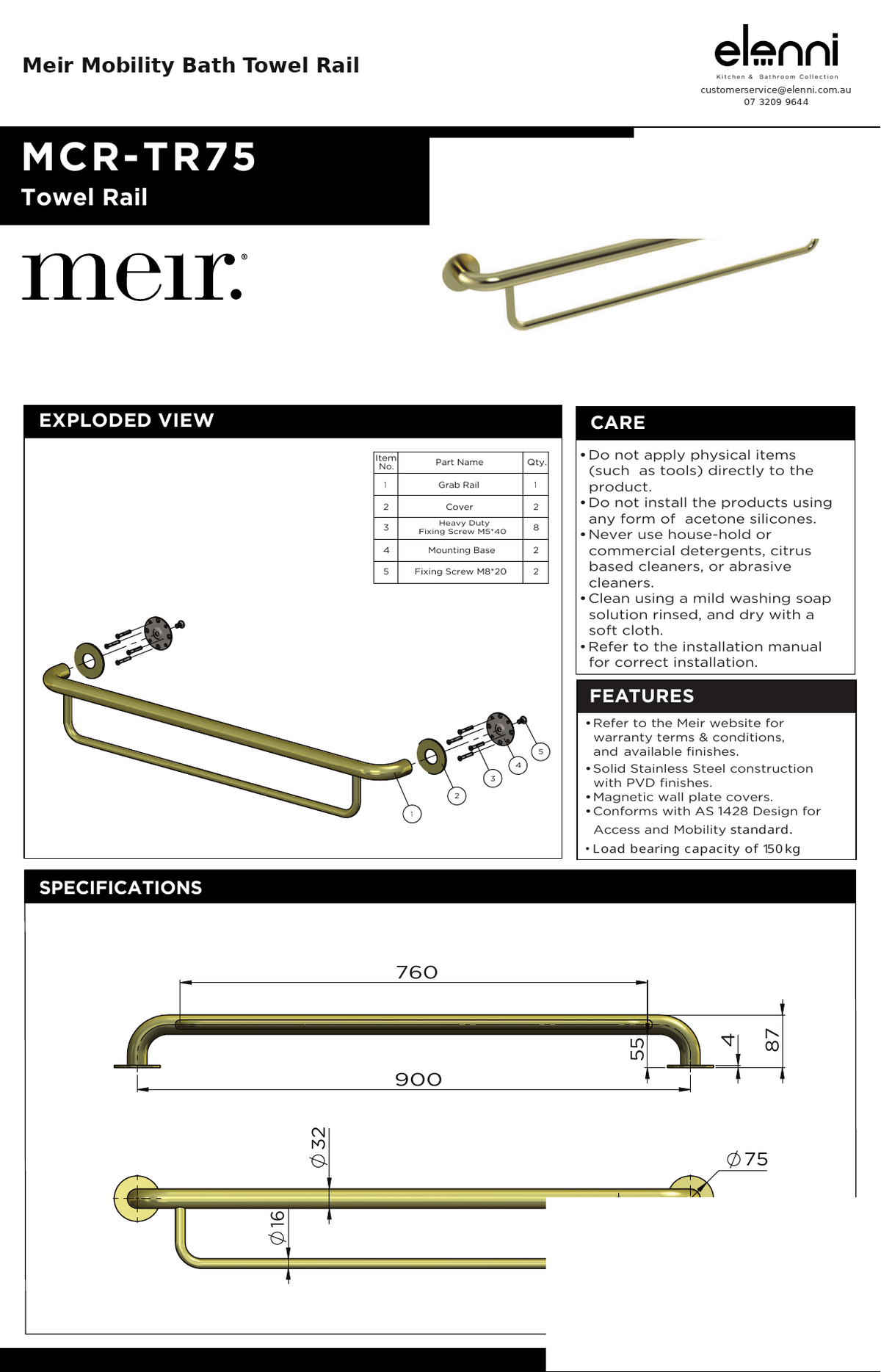 Meir Mobility Bath Towel Rail — specification sheet (Elenni)