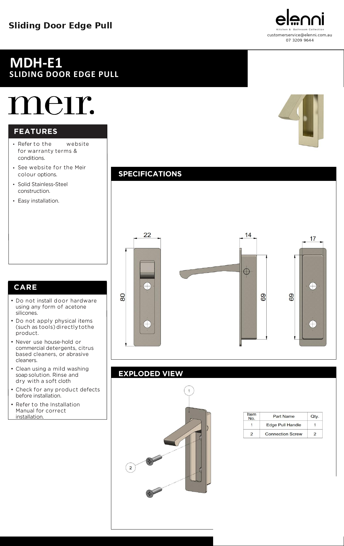 Sliding Door Edge Pull — specification sheet (Elenni)