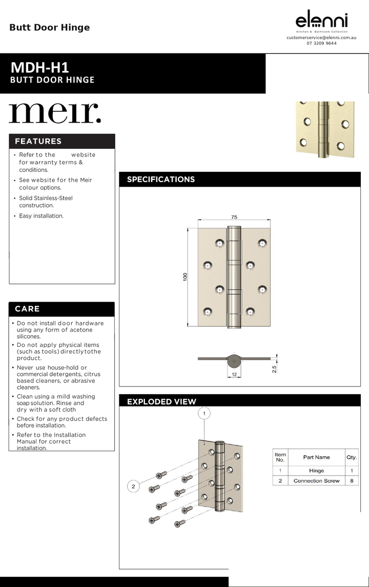Butt Door Hinge — specification sheet (Elenni)