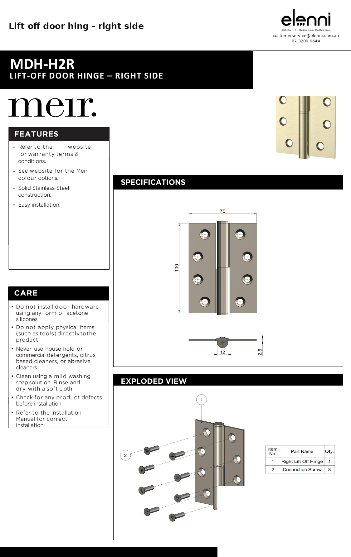 Lift off door hing - right side — specification sheet (Elenni)