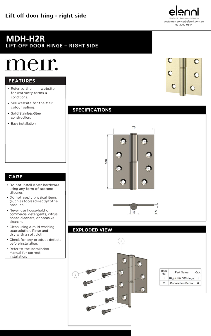 Lift off door hing - right side — specification sheet (Elenni)