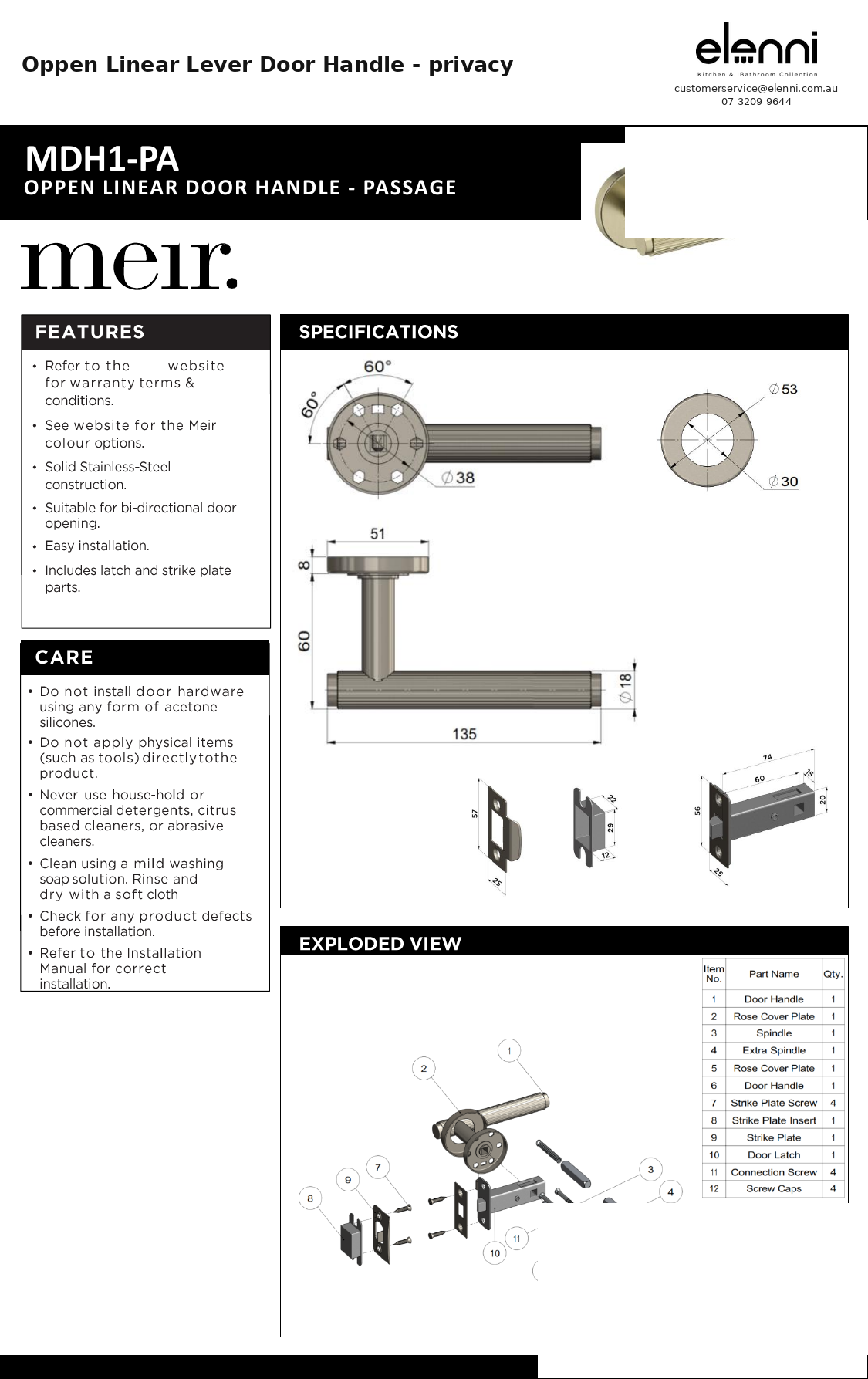 Oppen Linear Lever Door Handle - privacy — specification sheet (Elenni)