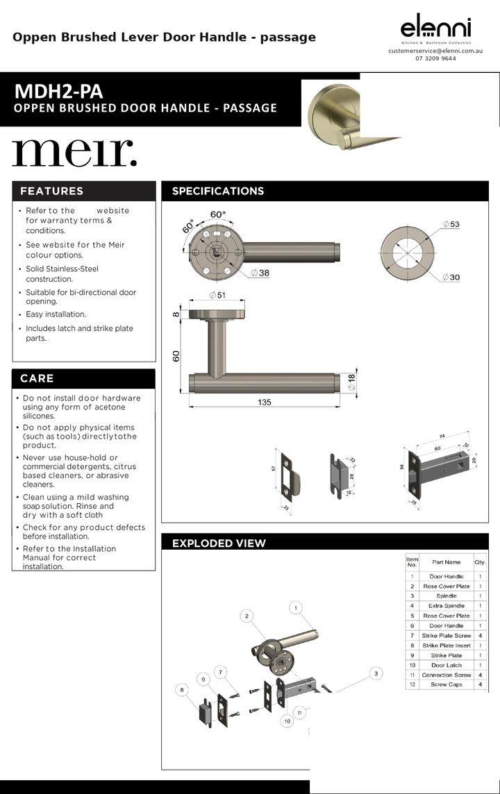 Oppen Brushed Lever Door Handle - passage — specification sheet (Elenni)