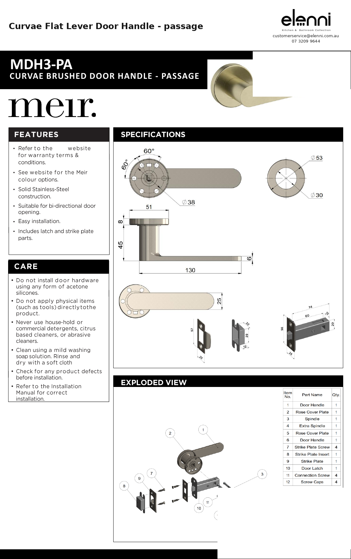 Curvae Flat Lever Door Handle - passage — specification sheet (Elenni)