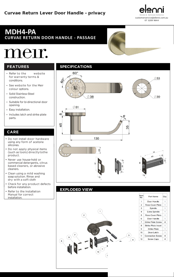 Curvae Return Lever Door Handle - privacy — specification sheet (Elenni)
