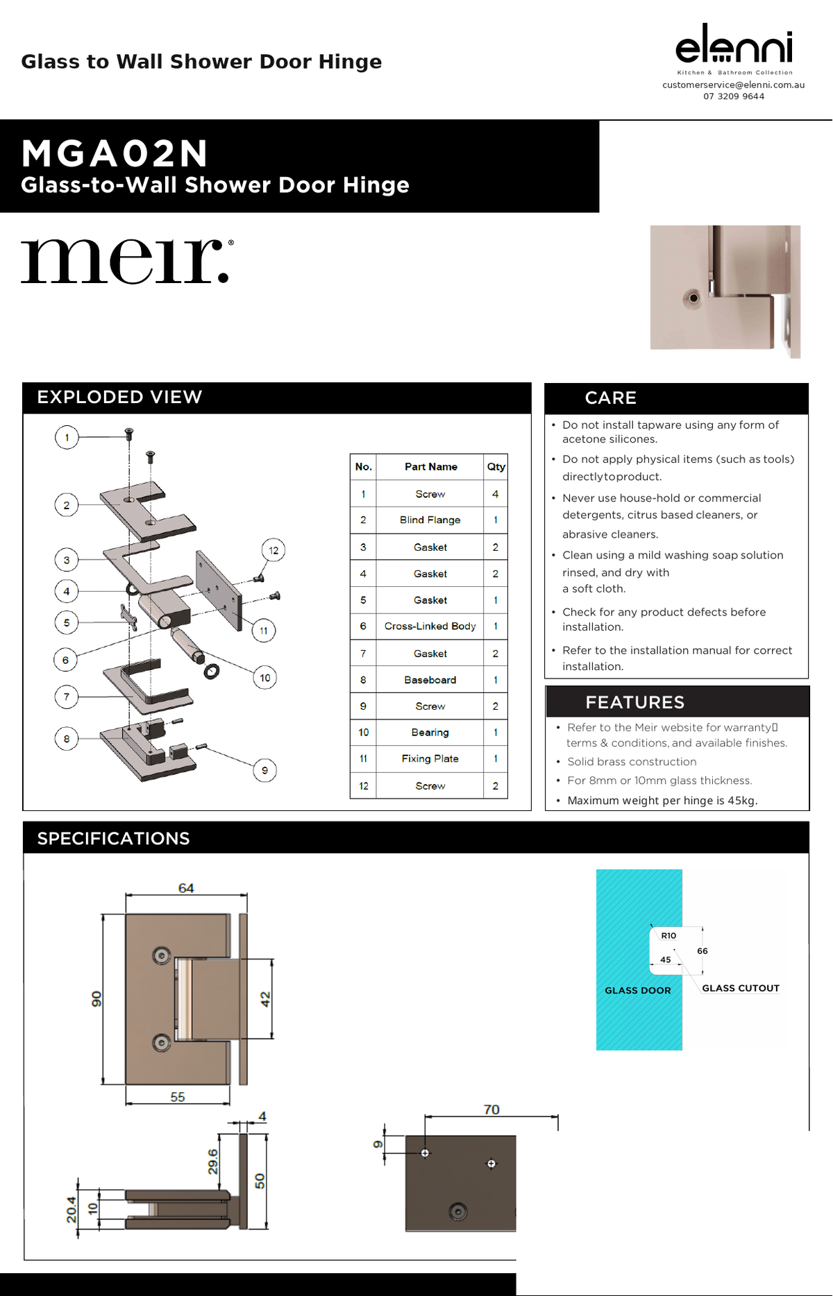 Glass to Wall Shower Door Hinge — specification sheet (Elenni)