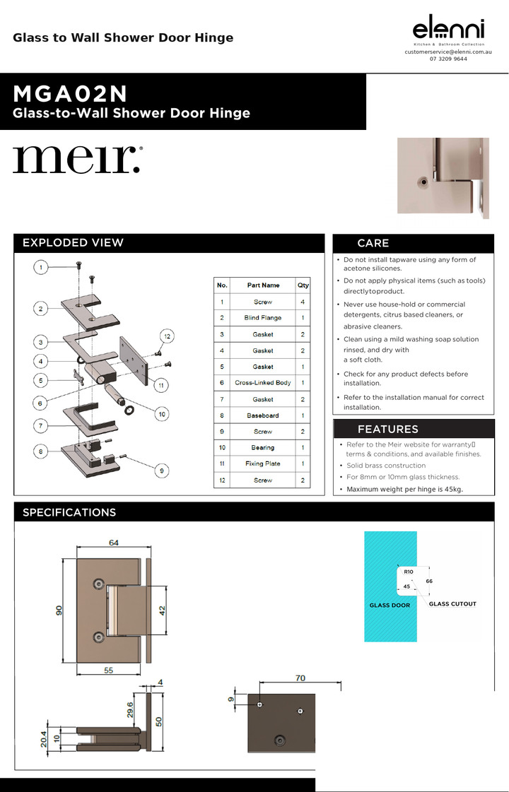 Glass to Wall Shower Door Hinge — specification sheet (Elenni)