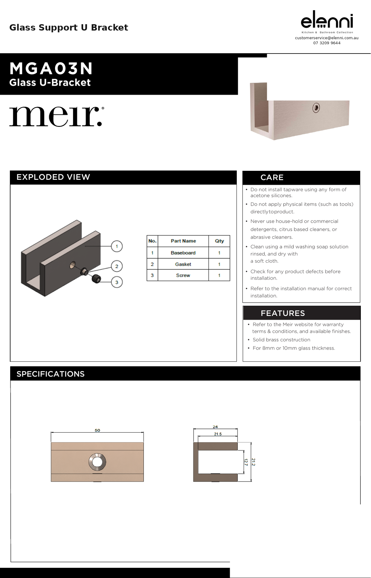 Glass Support U Bracket — specification sheet (Elenni)