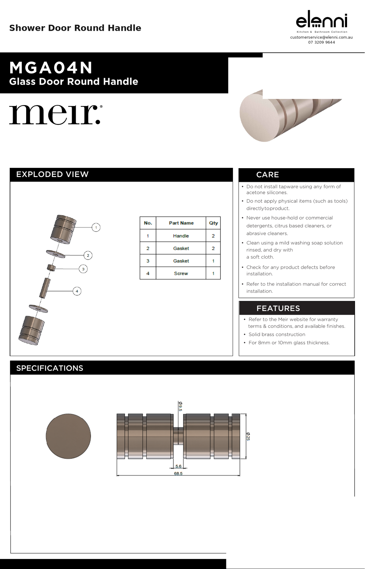 Shower Door Round Handle — specification sheet (Elenni)