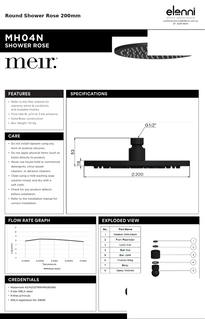 Round Shower Rose 200mm — specification sheet (Elenni)