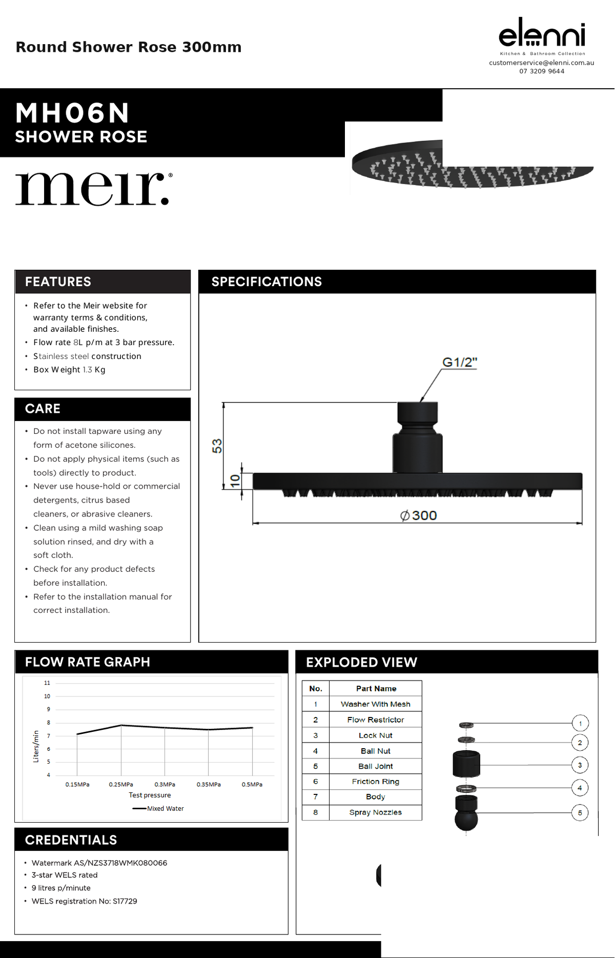 Round Shower Rose 300mm — specification sheet (Elenni)