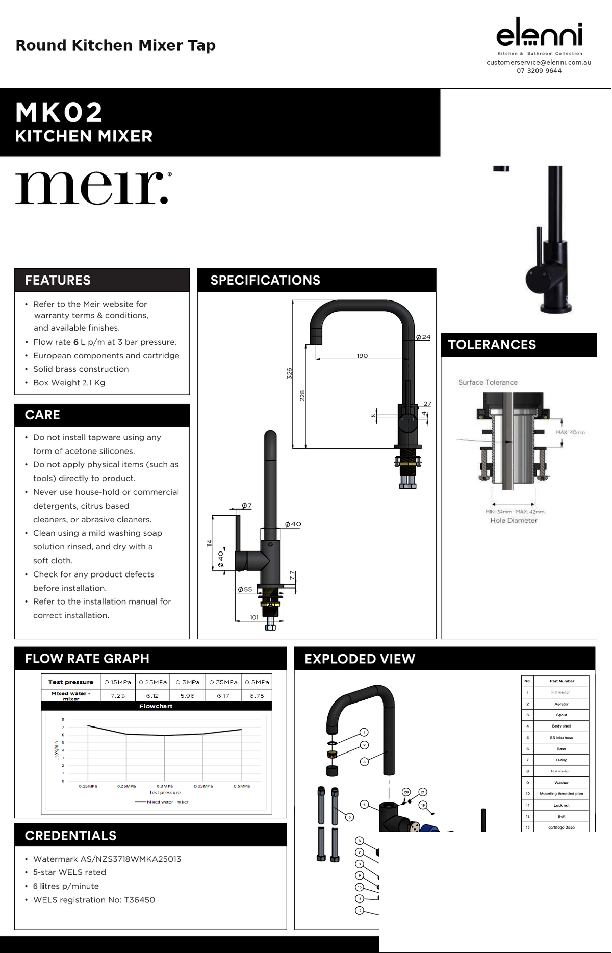 Round Kitchen Mixer Tap — specification sheet (Elenni)