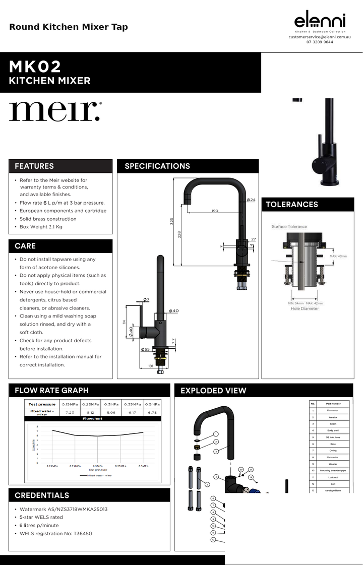Round Kitchen Mixer Tap — specification sheet (Elenni)