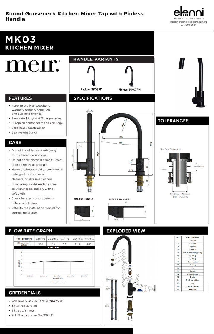 Round Gooseneck Kitchen Mixer Tap with Pinless Handle — specification sheet (Elenni)