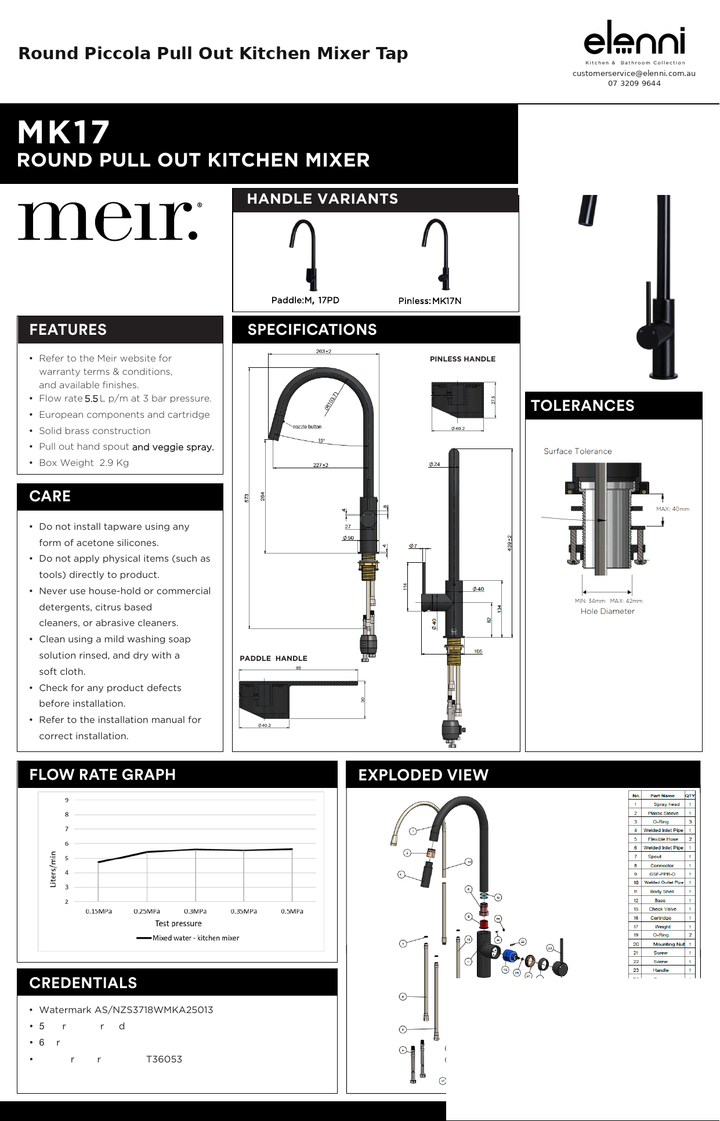 Round Piccola Pull Out Kitchen Mixer Tap — specification sheet (Elenni)