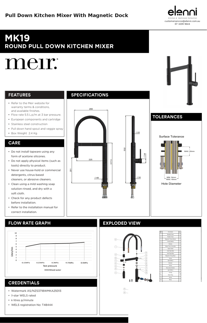 Pull Down Kitchen Mixer With Magnetic Dock — specification sheet (Elenni)