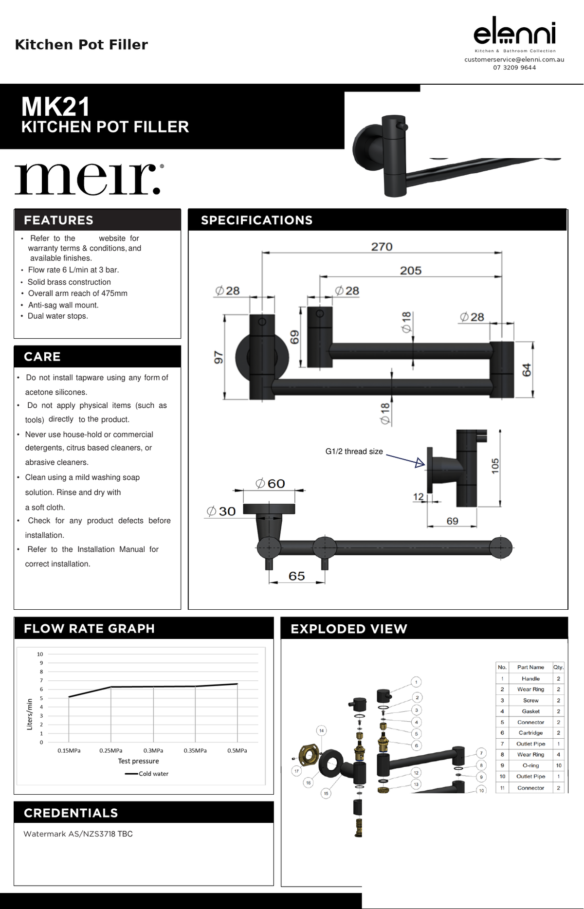 Kitchen Pot Filler — specification sheet (Elenni)