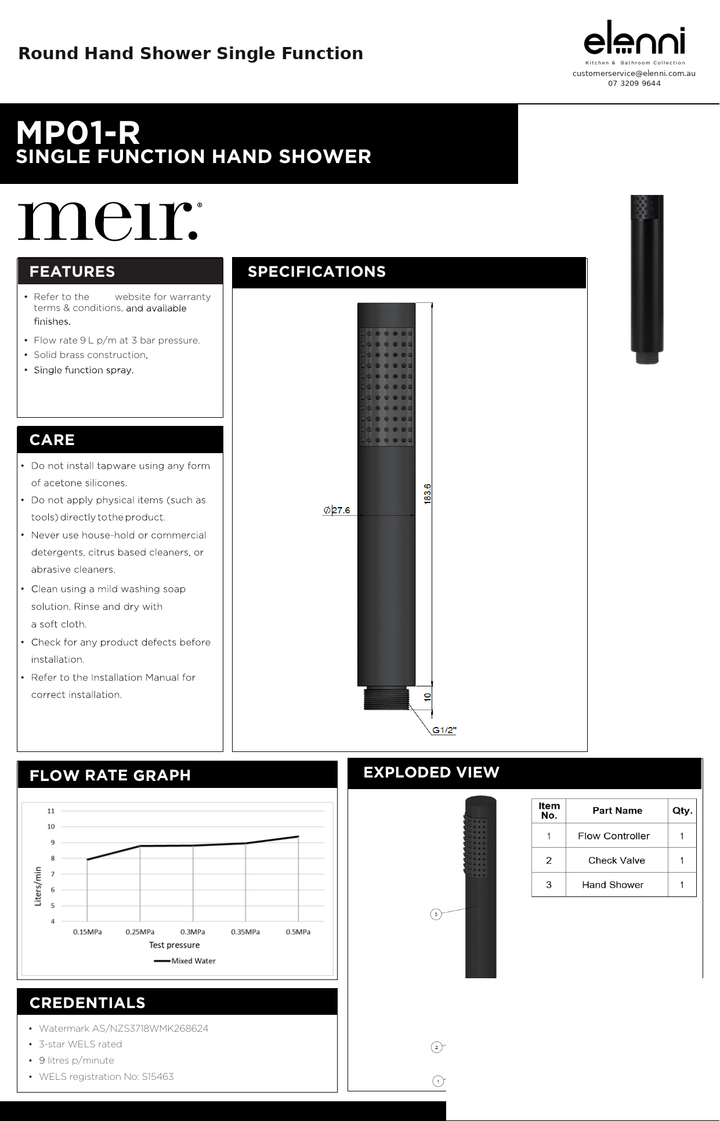 Round Hand Shower Single Function — specification sheet (Elenni)