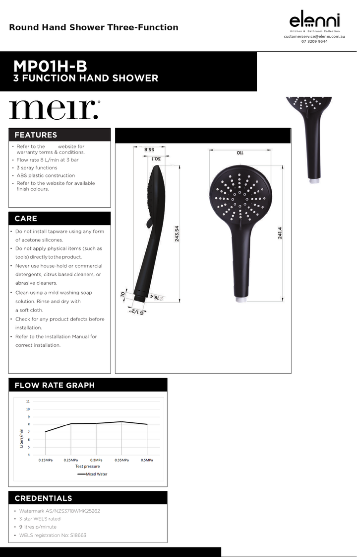 Round Hand Shower Three-Function — specification sheet (Elenni)
