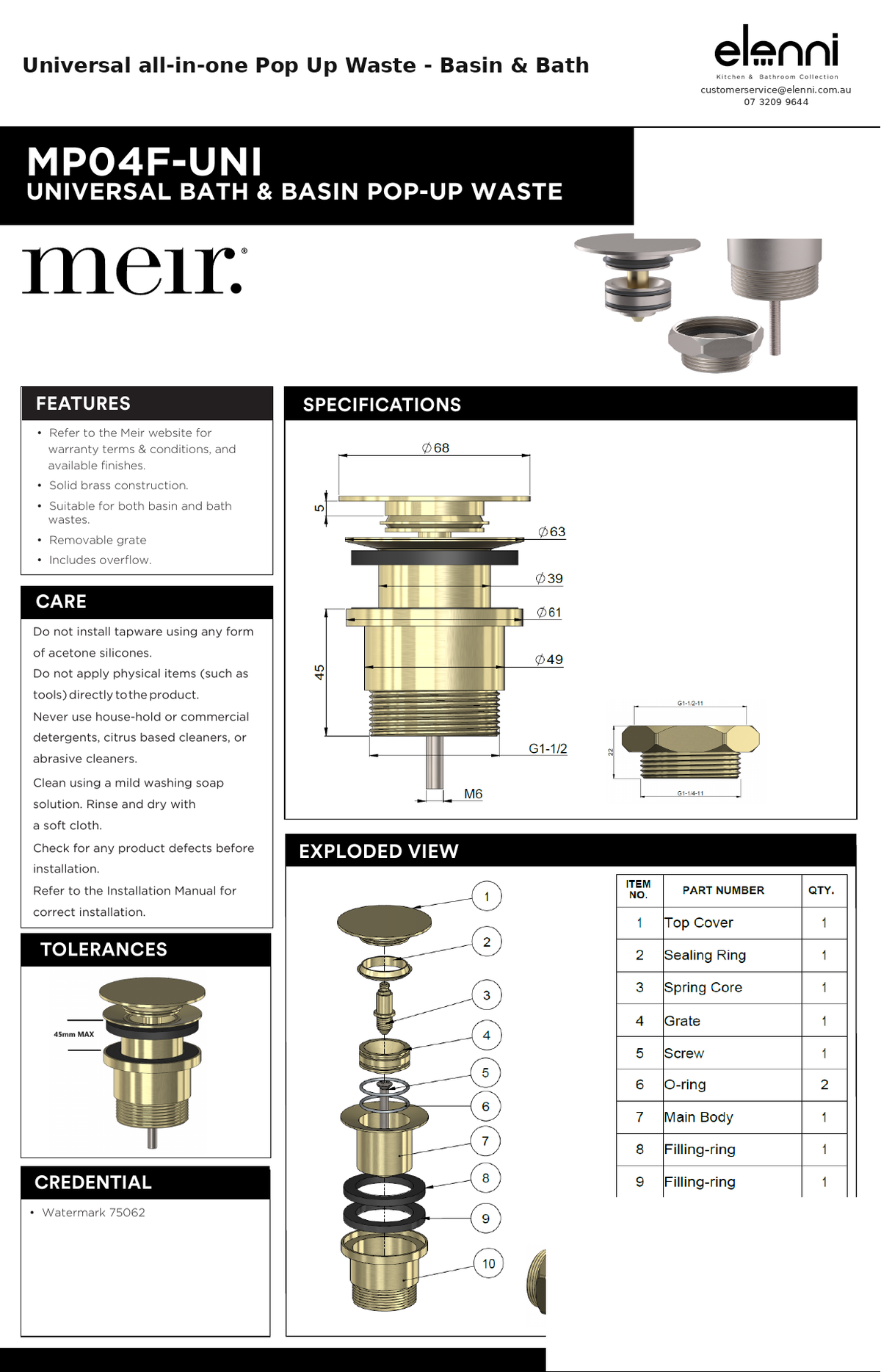 Universal all-in-one Pop Up Waste - Basin &amp; Bath — specification sheet (Elenni)
