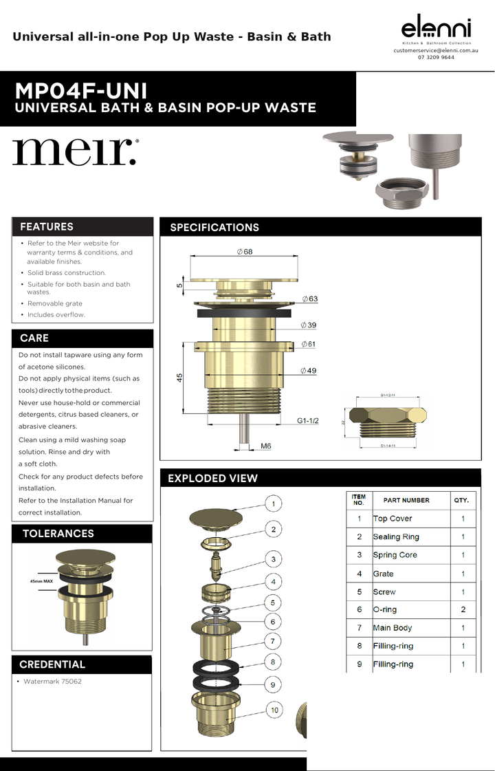 Universal all-in-one Pop Up Waste - Basin &amp; Bath — specification sheet (Elenni)