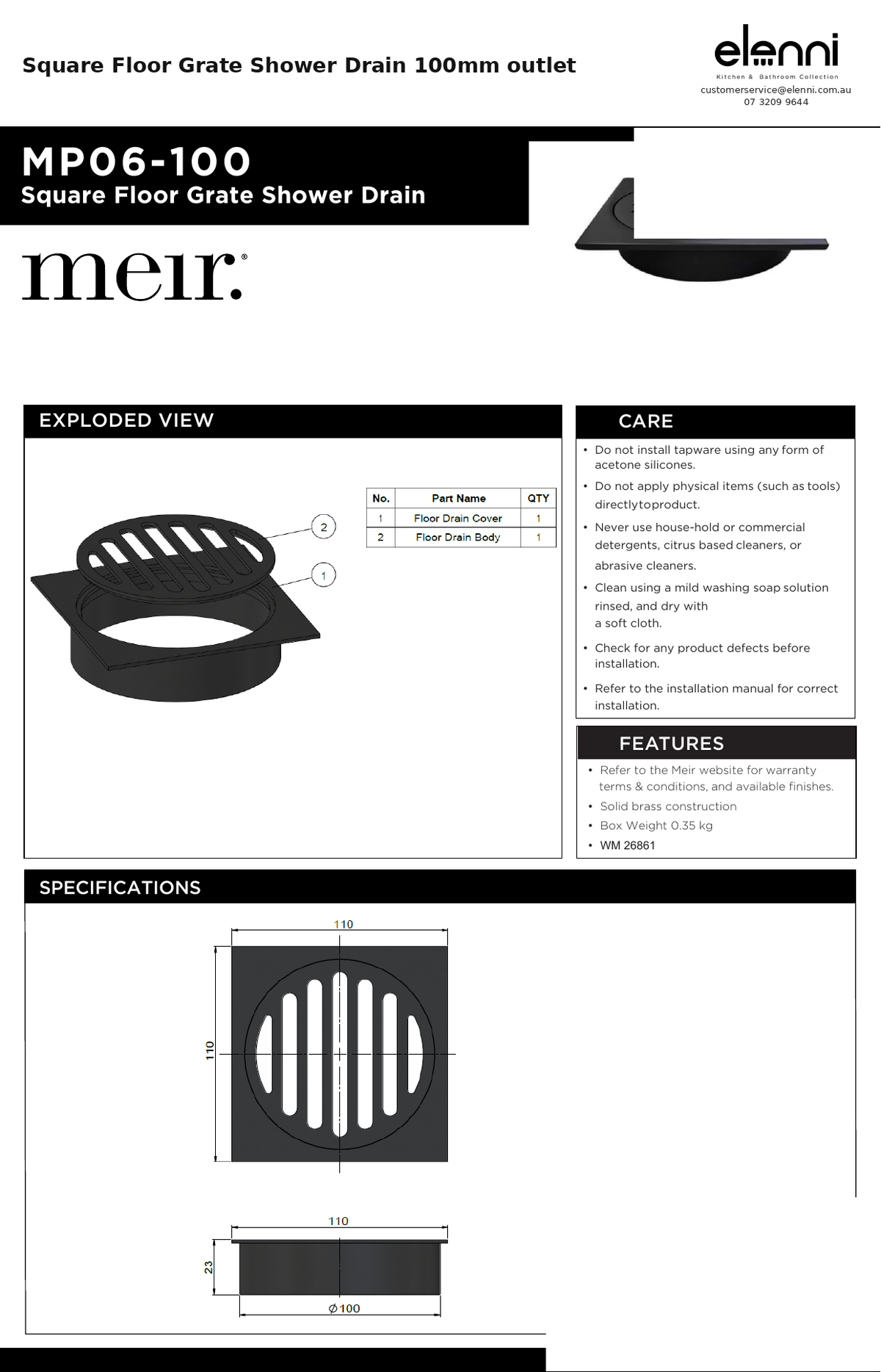 Square Floor Grate Shower Drain 100mm outlet — specification sheet (Elenni)