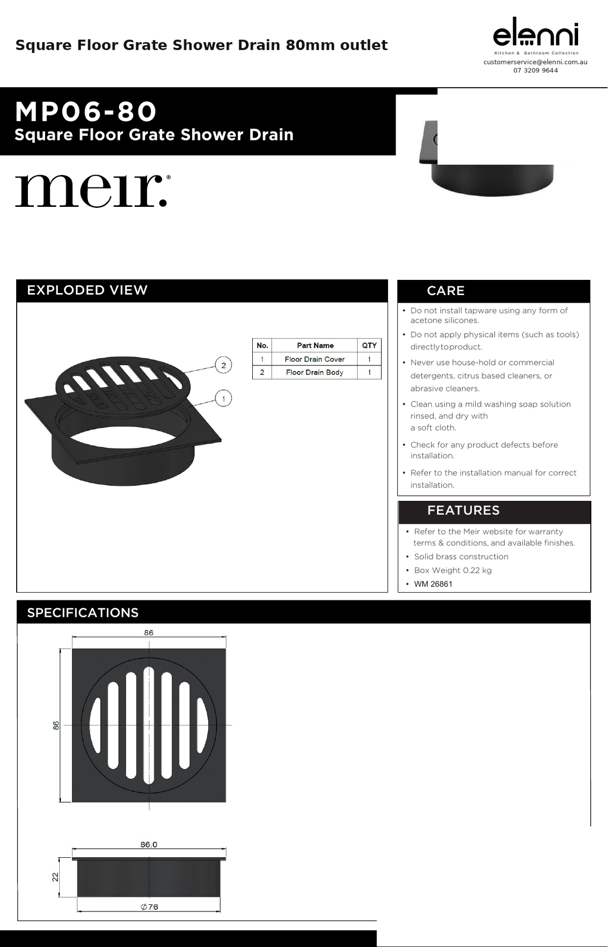 Square Floor Grate Shower Drain 80mm outlet — specification sheet (Elenni)