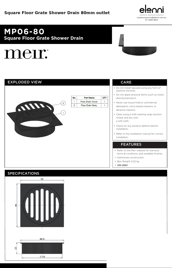 Square Floor Grate Shower Drain 80mm outlet — specification sheet (Elenni)