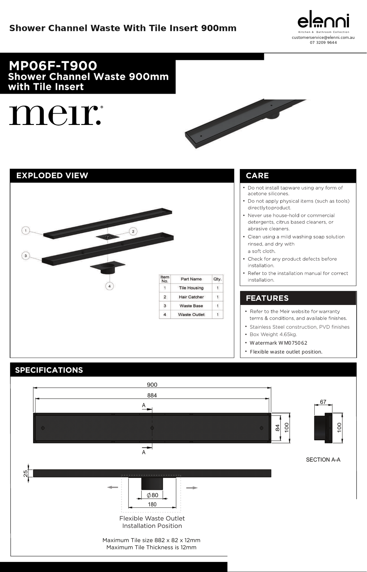Shower Channel Waste With Tile Insert 900mm — specification sheet (Elenni)