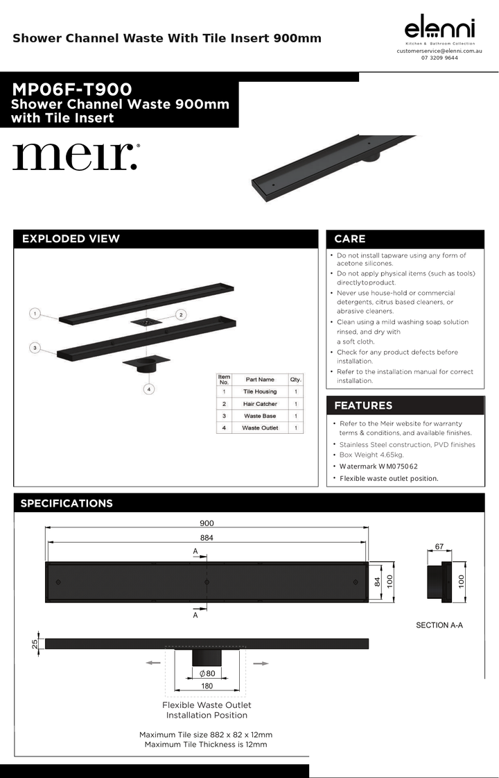 Shower Channel Waste With Tile Insert 900mm — specification sheet (Elenni)