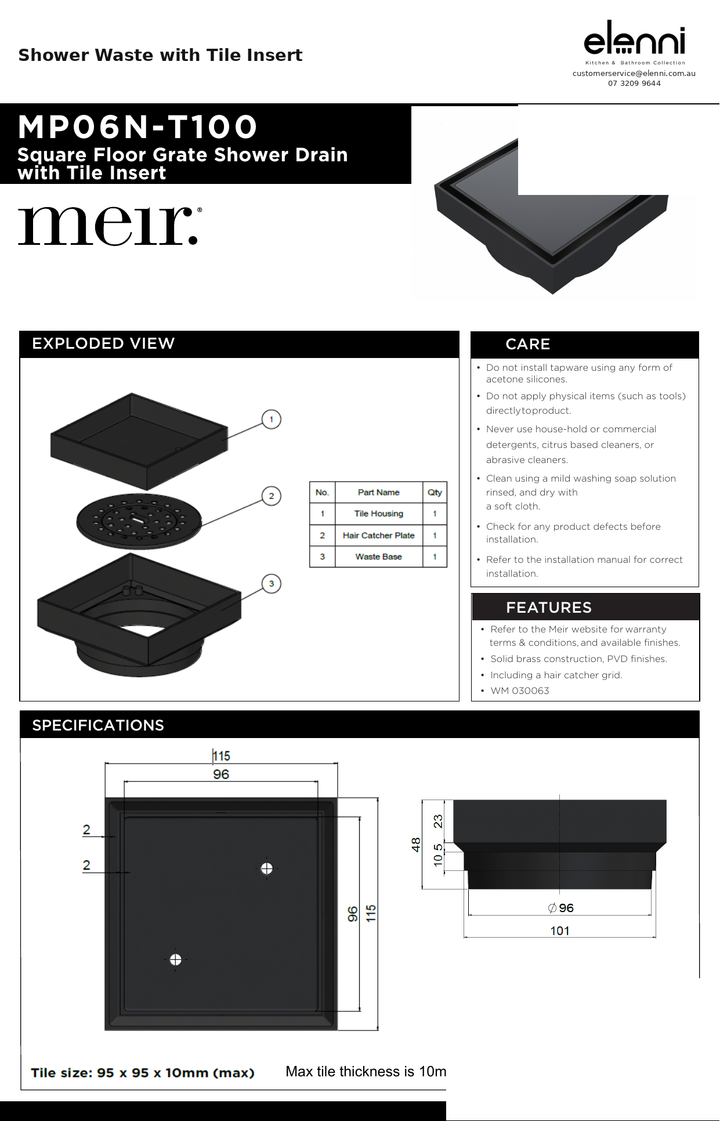 Shower Waste with Tile Insert — specification sheet (Elenni)