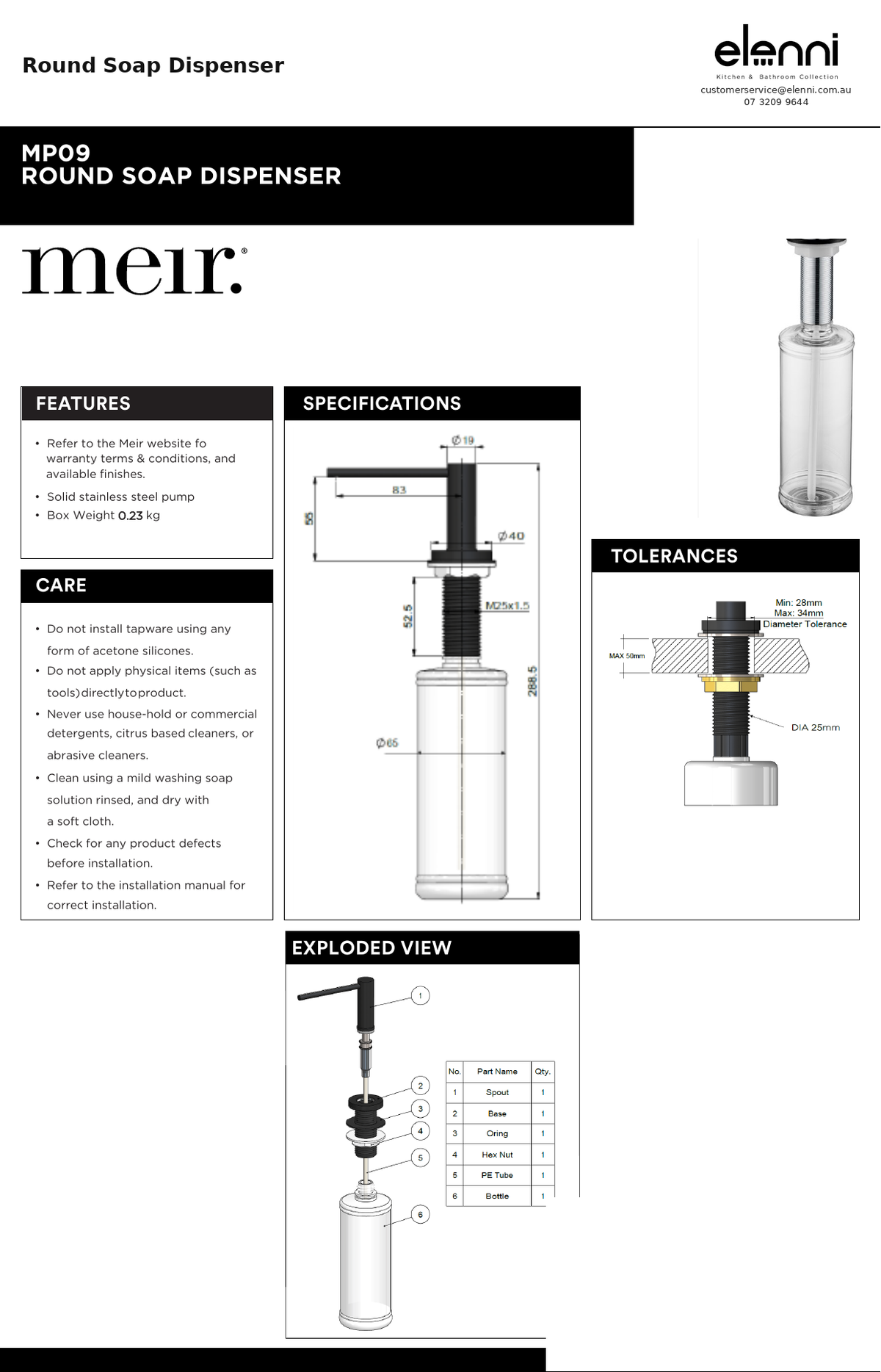 Round Soap Dispenser — specification sheet (Elenni)