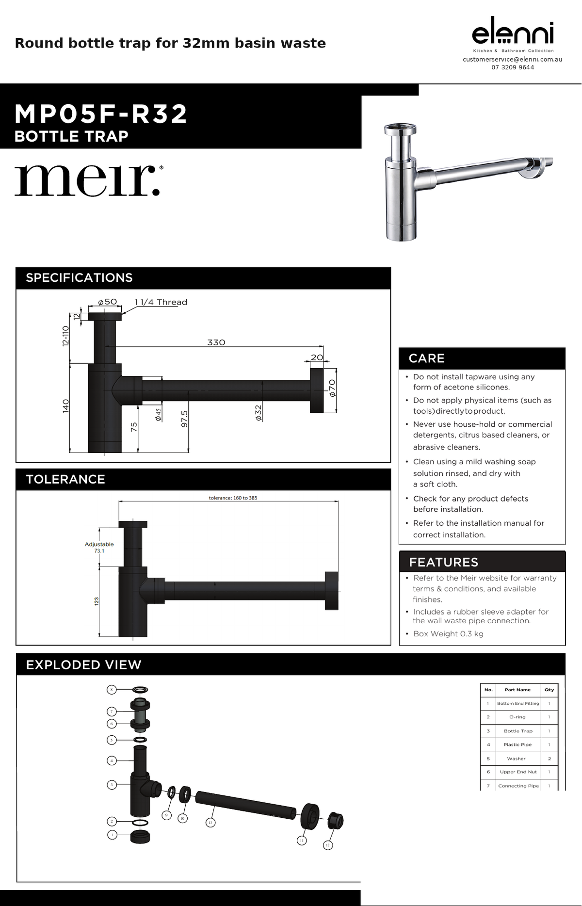 Round bottle trap for 32mm basin waste — specification sheet (Elenni)