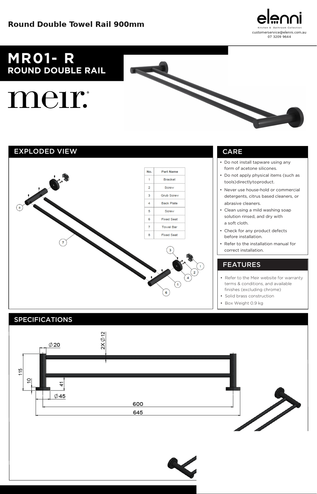 Round Double Towel Rail 900mm — specification sheet (Elenni)