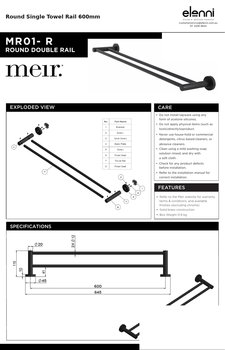 Round Single Towel Rail 600mm — specification sheet (Elenni)