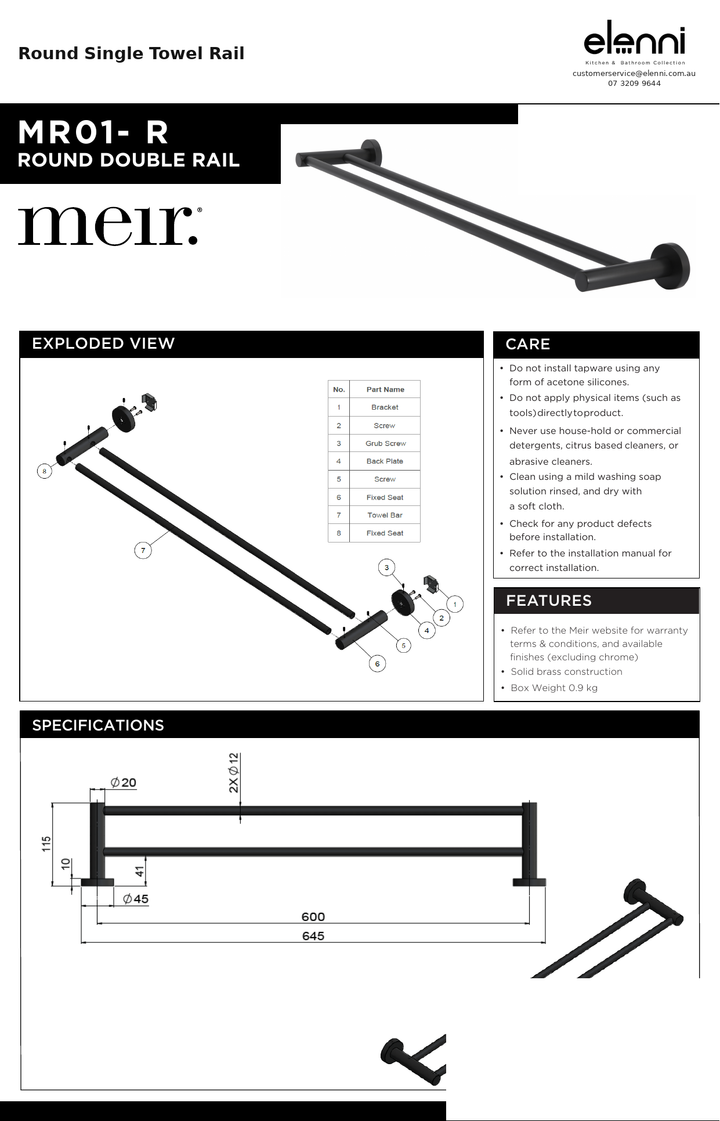 Round Single Towel Rail — specification sheet (Elenni)