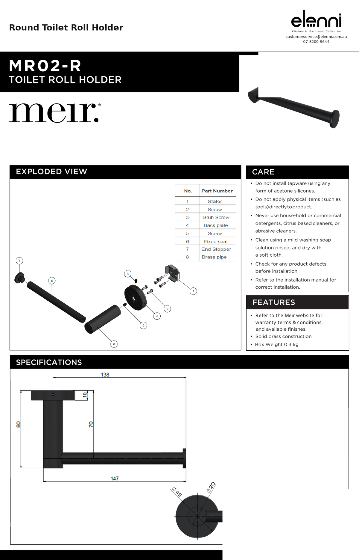 Round Toilet Roll Holder — specification sheet (Elenni)