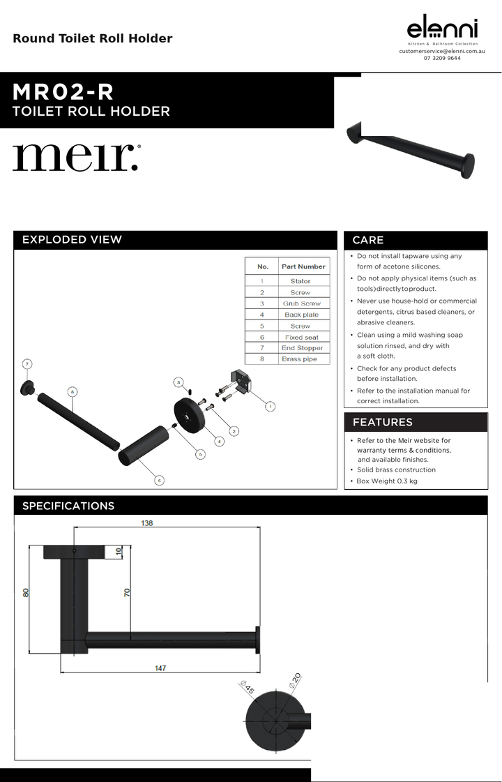 Round Toilet Roll Holder — specification sheet (Elenni)