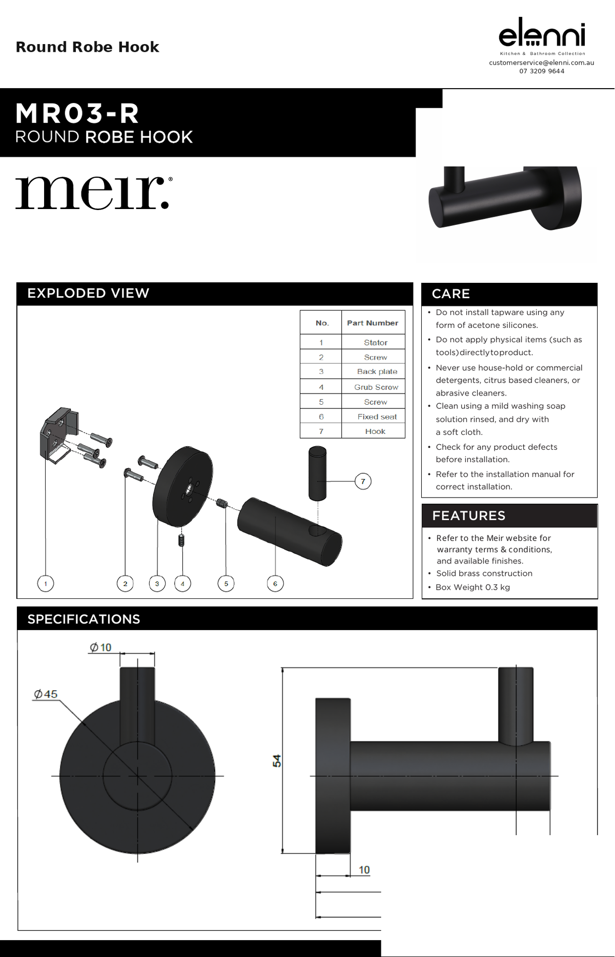 Round Robe Hook — specification sheet (Elenni)